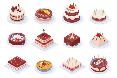 Isometric birthday party delicious chocolate glaze cakes. Chocolate, s