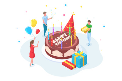 Isometric happy birthday party people celebration concept. Characters