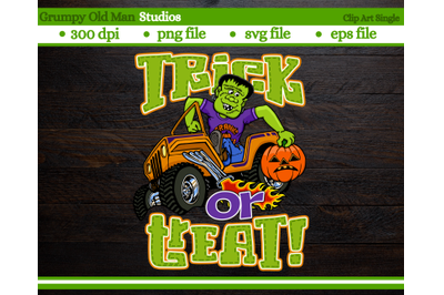 cartoon frankenstein driving a jeep | trick or treat |  halloween mons