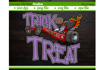 cartoon dracula driving a dragster | trick or treat |  halloween monst