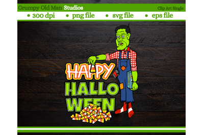 cartoon farmer frankenstein  dropping cany corns | happy halloween