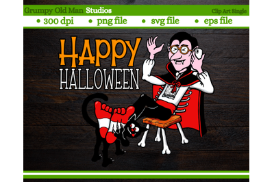 cartoon dracula on phone with black cat | happy halloween