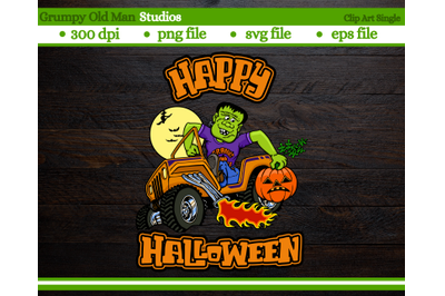 cartoon frankenstein driving a jeep | happy halloween |  halloween mon