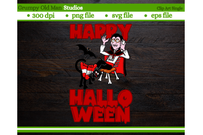 funny cartoon dracula on phone with black cat | happy halloween