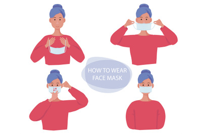 Protective mask. Human gestures how wear flu mask on face health infec