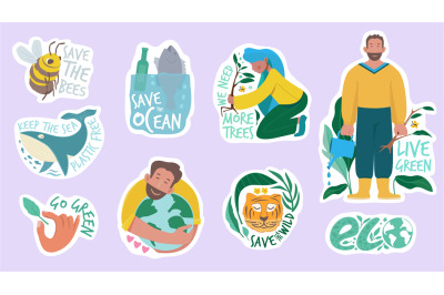 Ecology sticker. Green planet save earth protection environment eco fr