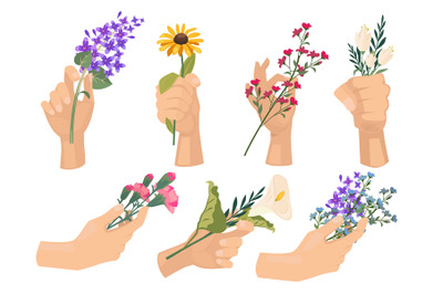 Hands with flowers. Florists people holding beautiful bouquet with wil