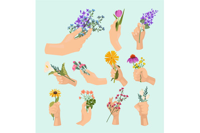 Flowers in hands. Beauty ladies hand holding various colored bouquet l