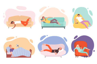 Lazy characters. Laying people on couch or sofa watching tv sleeping e