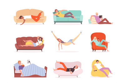 Laying people. Characters relaxing and watching tv on sofa lying lifes