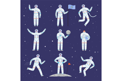 Astronauts characters. Spaceman people in action poses overall profess