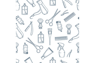 Barber shop pattern. Vintage razor comb scissors beauty salon items ve