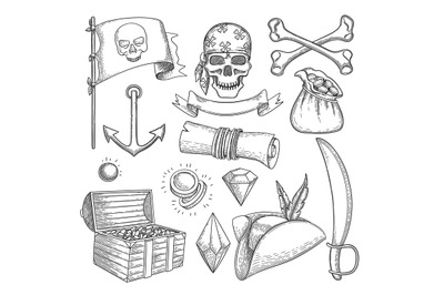 Pirate items. Ship sea adventure elements treasure chest cross star ma