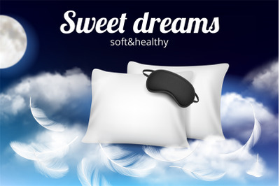 Night dreams poster. Relax concept placard with soft comfortable pillo