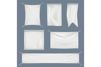 Fabric banners. White textile flag clothes cotton vector realistic emp