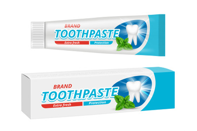 Toothpaste package. Teeth dental protection box label vector design te