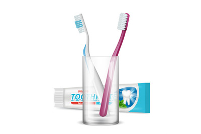 Toothbrush in glass. Dental daily protection morning hygiene plastic t