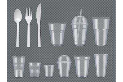 Disposable utensils. Plastic tableware knives forks spoons glasses cup