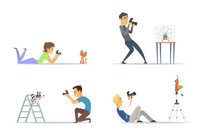 Animal photographers. Bloggers with photo cameras and pets vector illu