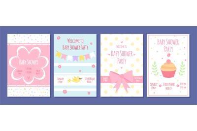 Baby shower party cards. Birthday invitation with cute kids elements.