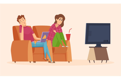 Couple watching TV. Isolation period, lazy man woman eating pizza. Guy