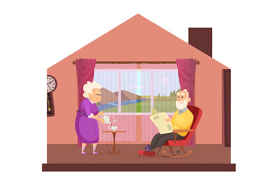 Cozy domestic lifestyle. Elderly couple drink tea, cute seniors stay h