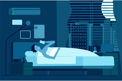 Gadget addiction. Man at night with smartphone, male insomnia. Sleep t