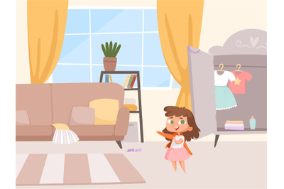 Girl dressing. Little baby in room interior, wardrobe and sofa. Indepe