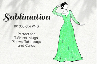 Woman in Green Glitter Lace Dress Character Retro Sketch
