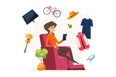 Online shopping. Woman with smartphone buy different things. Stay home