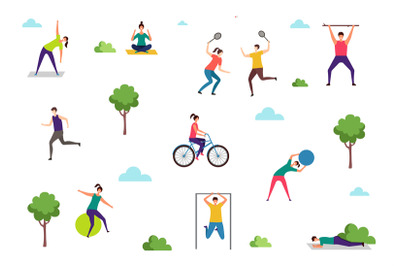 People doing sport exercises. Outdoor activities, woman man training i