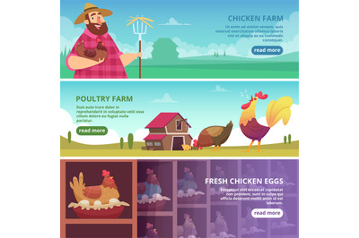 Chicken farm banners. Farmer breeding eco domestic birds fresh eggs ro