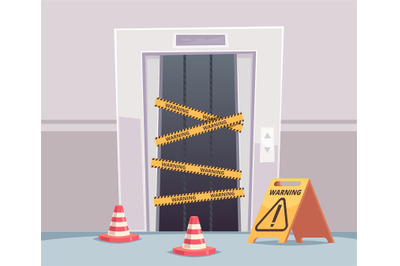 Elevator repair. Business office with closed damaged elevator doors un