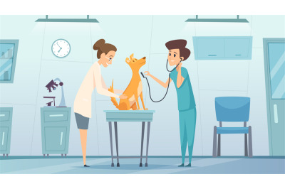 Veterinarian clinic. Doctor in cabinet examining pets dog treatment he