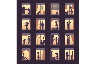 People window silhouettes. Lighting in night house tower apartment bui