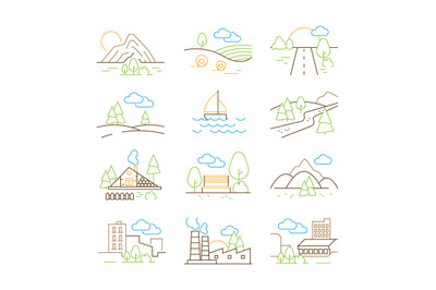 Outline landscapes. Thin line trees building houses outdoor park mount