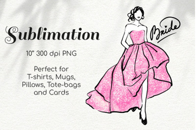 Bride in Pink Glitter Dress Character Wedding Illustration