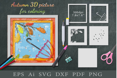 Autumn 3D picture for coloring. Paper cut SVG