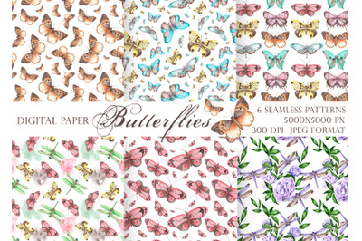 Butterfly seamless pattern&2C; digital paper. Watercolor insect dragonfly