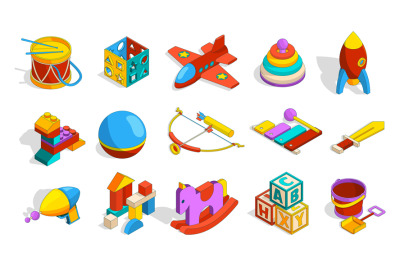 Toys isometric. Colored kindergarten objects for kids plastic preschoo