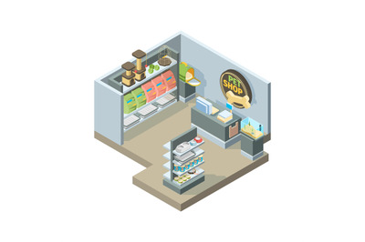 Pets shop interior. Isometric shopping house for domestic pets animals