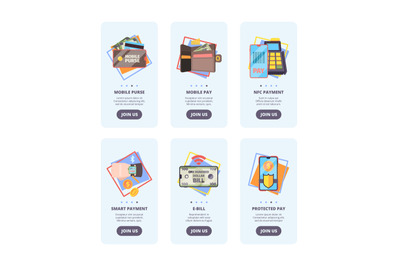 Mobile payments onboarding pages. Web user interface design banners wi