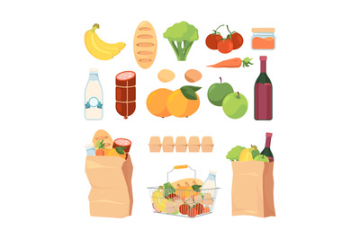 Product bags. Shopping carts with different grocery food healthy fruit