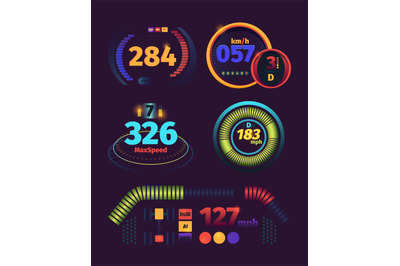 Speedometer futuristic. Automobile racing speed panel fuel and kilomet