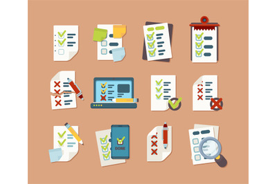 Checklist collection. Business text lists with clip marks icons schedu