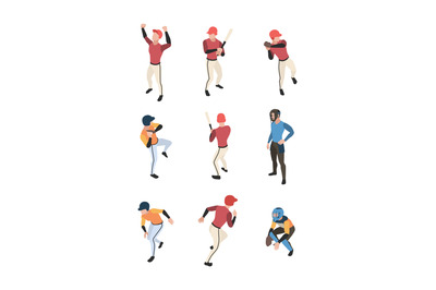 Baseball isometric. Sport game team people in action poses running sta