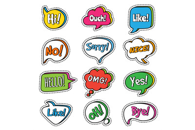 Talk phrase. Speech bubbles with words dialogue text yes, omg, vector