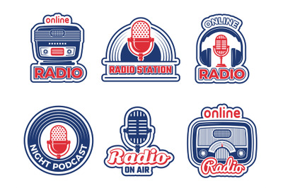 Radio show badges. Air podcast audio studio logo music radio station v