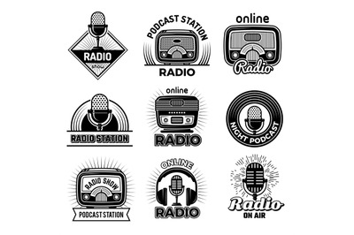 Radio badges. Music talking podcast air streaming show radio logos emb