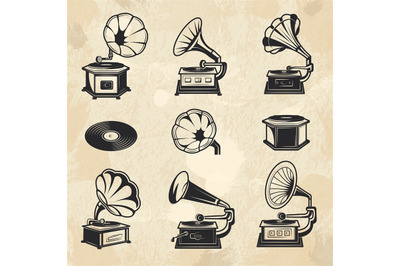 Gramophones collection. Vintage radio music symbols vinyl records vect